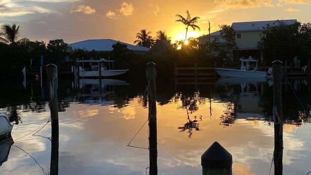 Un puerto deportivo con barcos amarrados, cielo despejado y una puesta de sol.