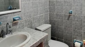 Un baño con lavabo, inodoro y espejo.