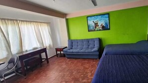 Una habitación con cama, sofá, escritorio y ventana con cortinas.