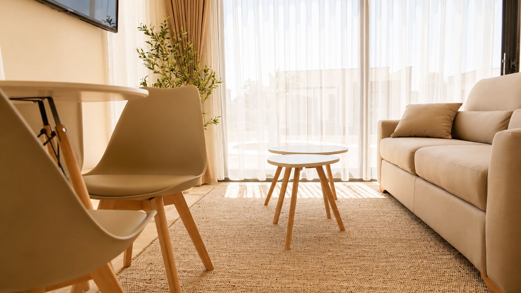 Un salon avec un canapé, deux fauteuils, une petite table et une plante.