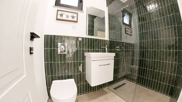 Shower, hair dryer, towels, toilet paper