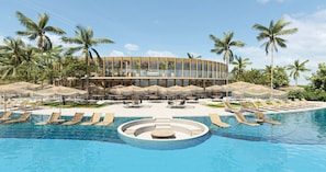 A resort with a pool, lounge chairs, palm trees, and a modern building.