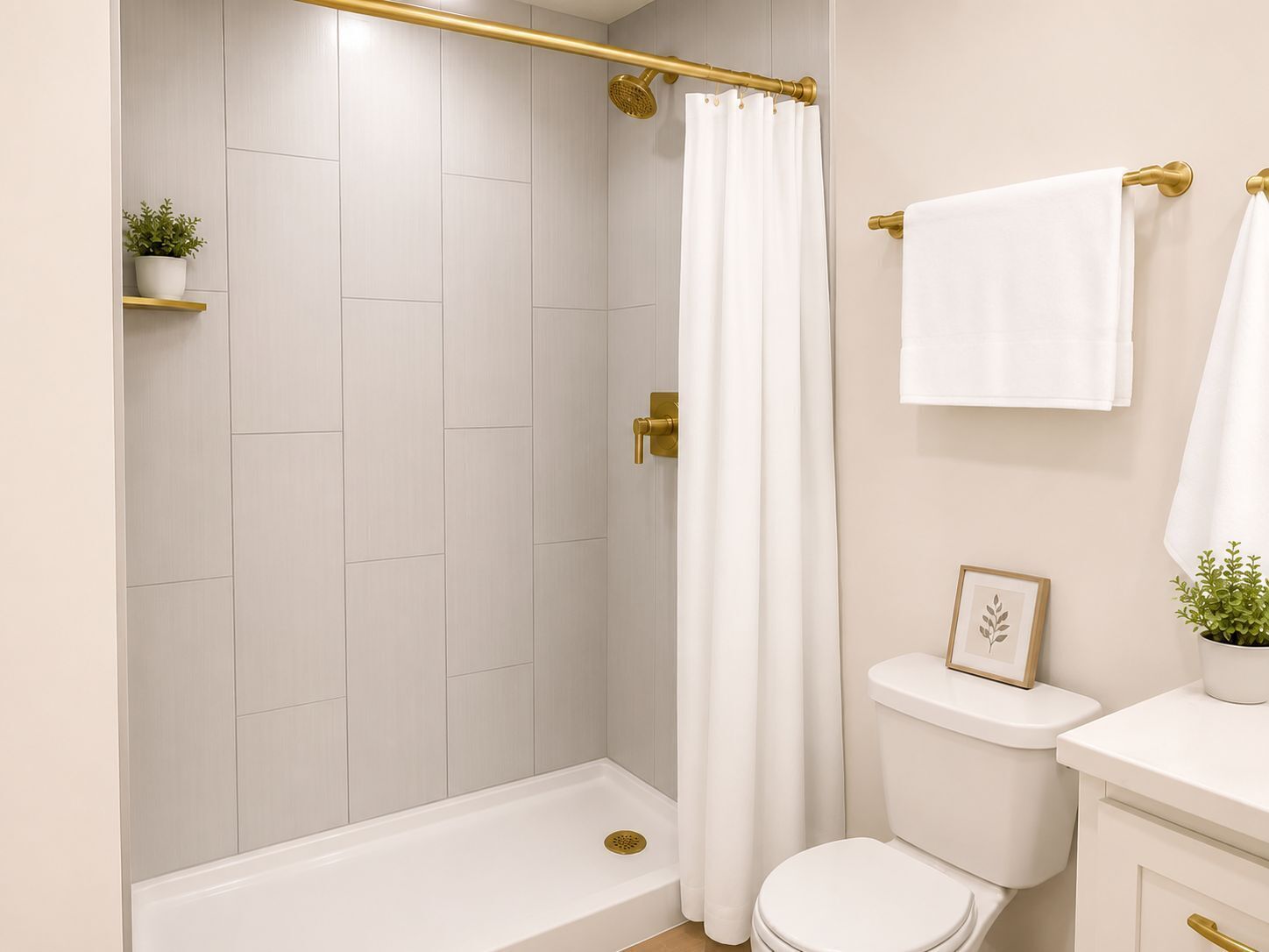 Ein Badezimmer mit Dusche, Toilette und Waschbecken.