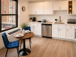 A modern kitchen with white cabinets, a stainless steel dishwasher, and a window with a view of a cityscape. - Downtown! 4th Street, Brown Theatre, KFC Yum! (Louisville)
