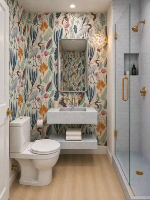 Hair dryer, towels, soap, toilet paper