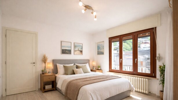 Ein Schlafzimmer mit einem großen Bett, Nachttischen, einem Fenster mit Ausblick und einer Heizung.