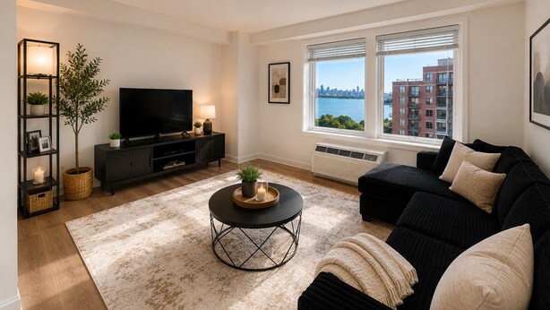 Ein Wohnzimmer mit schwarzem Sofa, rundem Couchtisch, einem Fernseher auf schwarzem Standfuß, einem großen Fenster mit Blick auf die Stadt und einem Bücherregal mit Pflanzen.