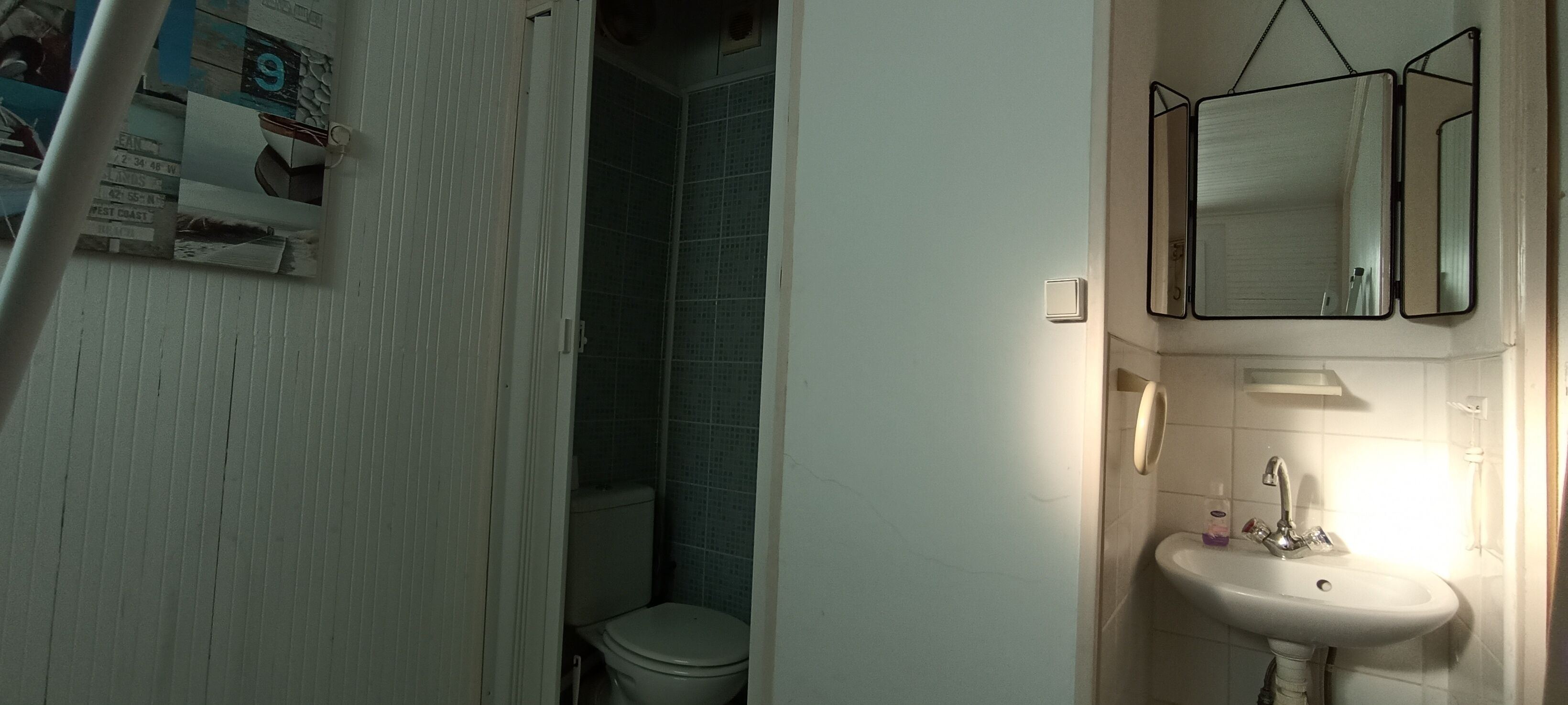 A bathroom with a toilet, sink, and mirror.