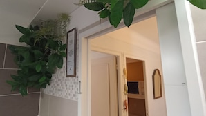 Een hal met een betegelde muur, een deur en een hangplant.