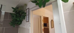 Ein Flur mit gefliesten Wänden, einer Tür und einer hängenden Pflanze.