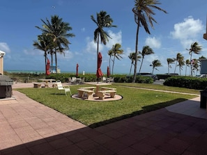 A resort patio with outdoor seating, palm trees, and a view of the ocean. - Oceanview Retreat in Hollywood Beach (Hollywood)