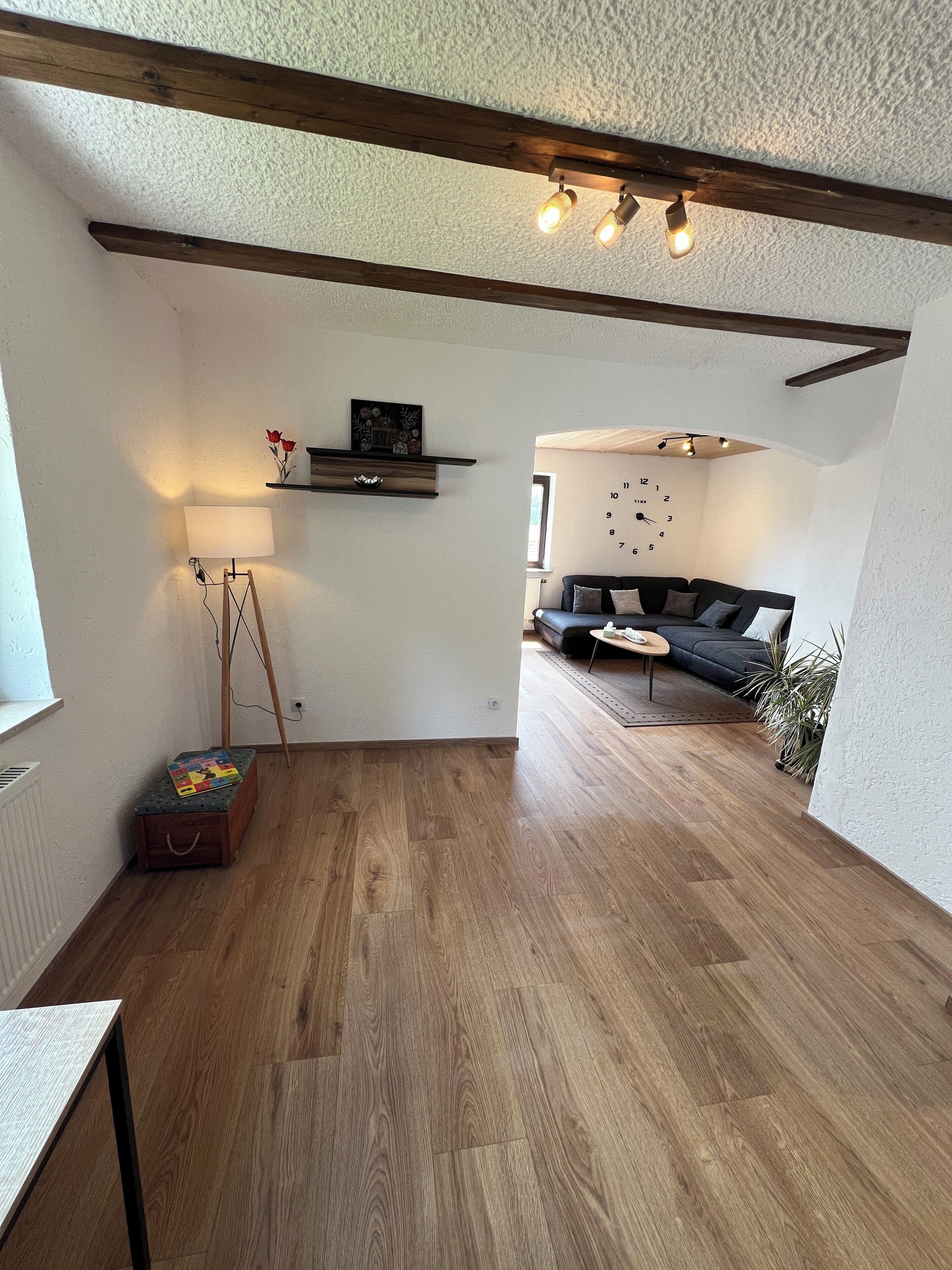 Ein geräumiger Wohnbereich mit Holzboden, einer Couch, einer Lampe und einer Wanduhr.