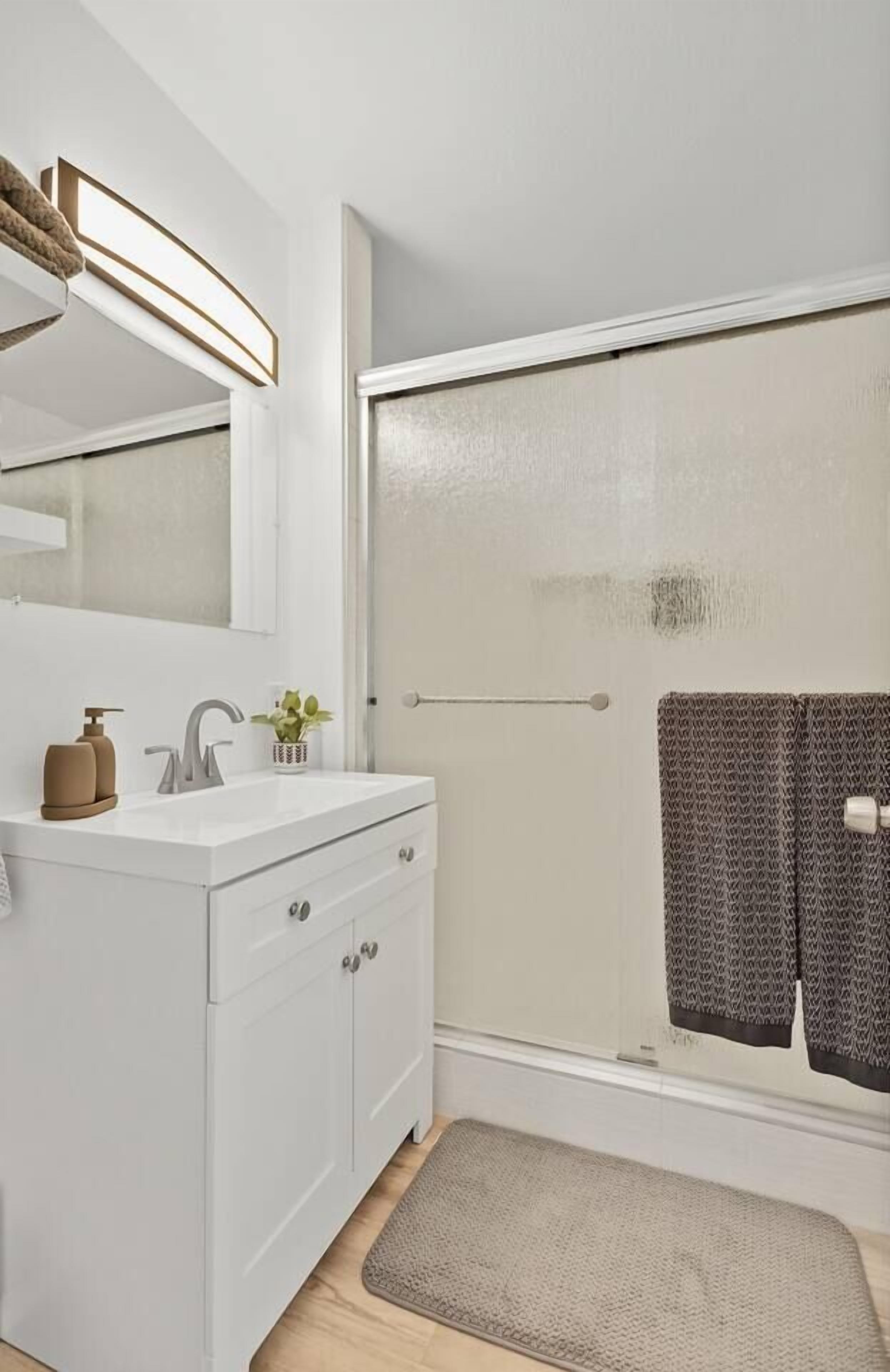 Hair dryer, towels, soap, shampoo