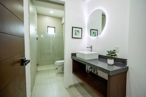 A modern bathroom with a white sink, a mirror, and a shower area. - Suites Santa Isabella (Ajijic)