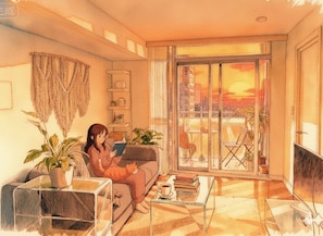 Living area - FIFA unobstructive view CN TOWER lakeshore 1+1(den) 2b1b condo with parking (Toronto)
