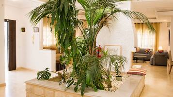A lobby with a large indoor plant arrangement, a reception desk, and a seating area with sofas.