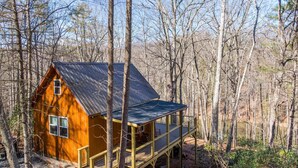 A cabin with a metal roof, wooden deck, and surrounded by trees. - Retreat at Riverbend (West Jefferson)