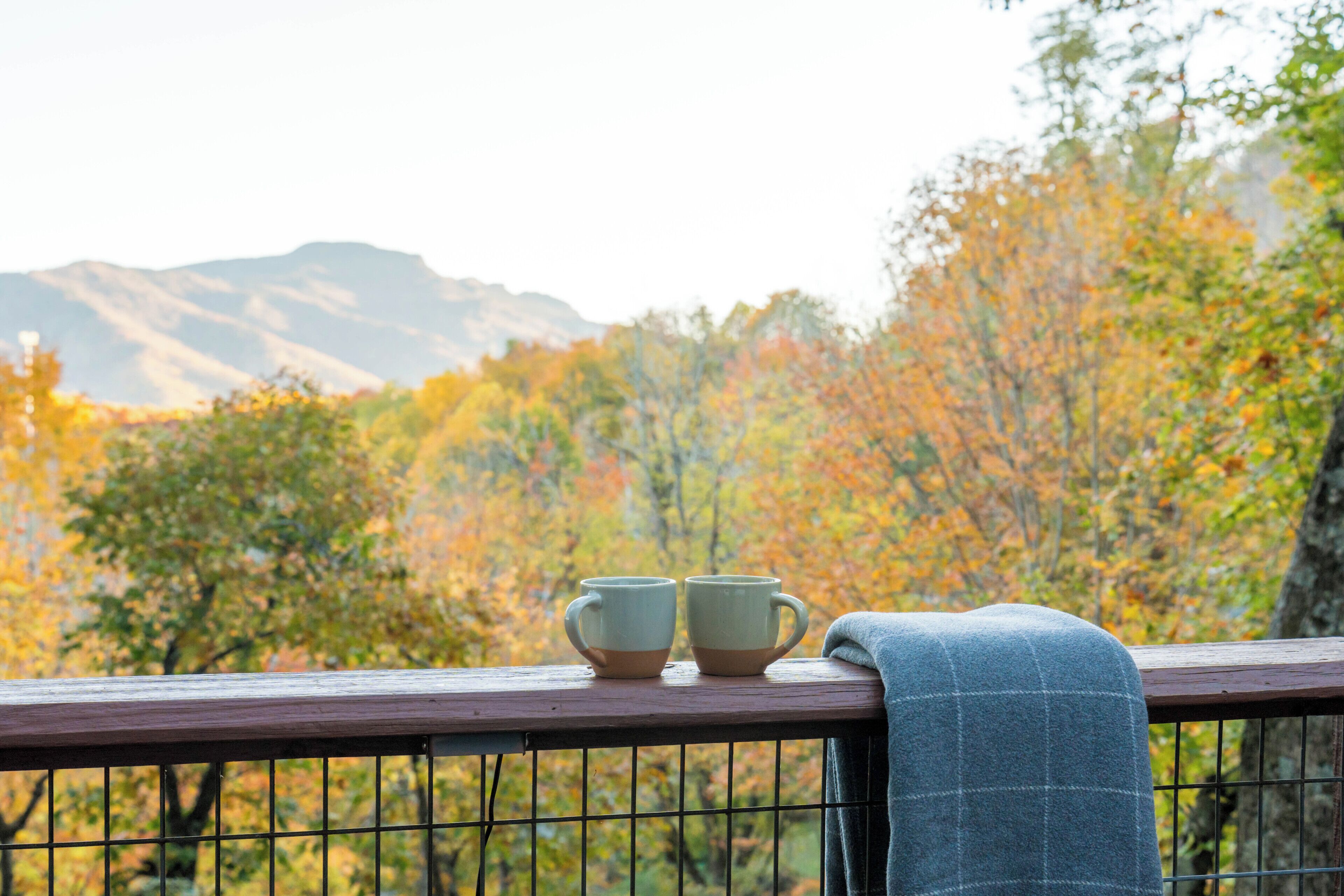 A wooden railing with two ceramic cups and a blue cloth draped over it, overlooking a forest with autumn foliage and distant mountains.