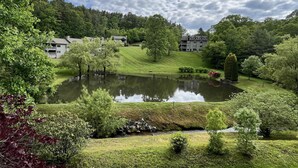A serene landscape with a pond, lush greenery, and residential buildings in the background.