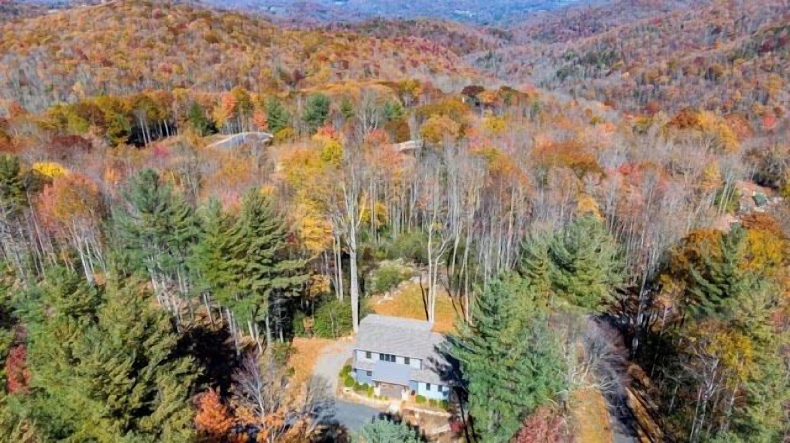 Una casa rodeada de un bosque frondoso con follaje otoñal.