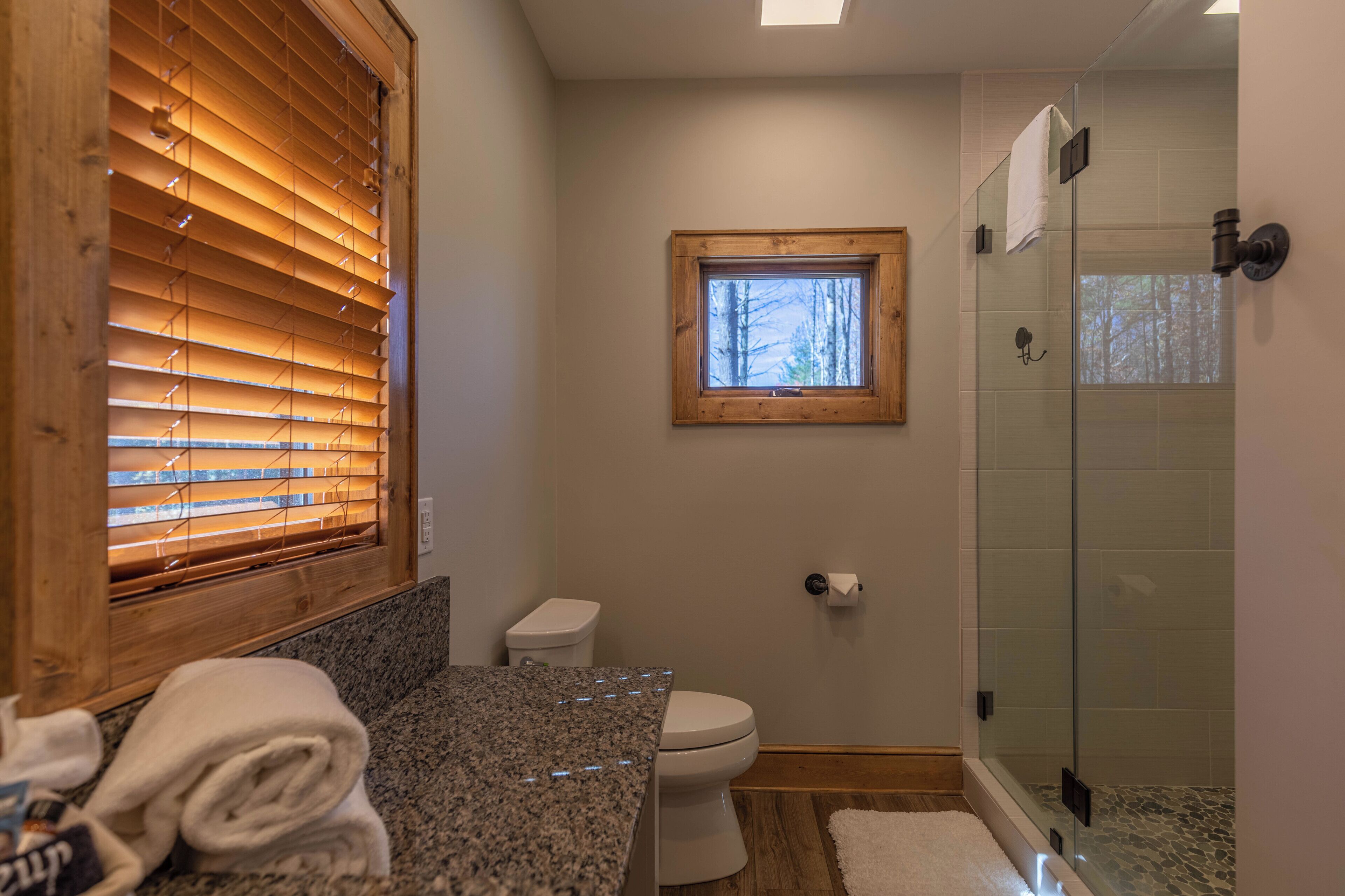 A bathroom with a toilet, a window with a view of trees, a shower with glass doors, and a granite countertop.