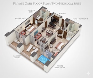 En suite med to soveværelser med altan, spiseplads, gæstetoilet, badeværelser en suite, tekøkken og en privat pool.