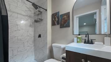 Shower, towels, toilet paper