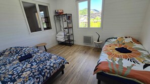Une chambre avec deux lits, une fenêtre, un radiateur et une étagère remplie de livres.