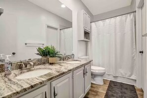 Hair dryer, towels, soap, toilet paper
