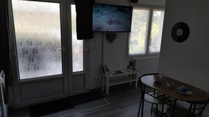 A room with a large window, a flat-screen TV, a small table, and a chair. - Charming full T1 (Zillisheim)