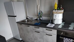 A kitchen with a stainless steel sink, a white refrigerator, a coffee maker, and a microwave. - Charming full T1 (Zillisheim)