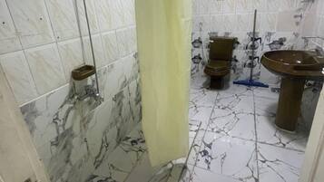 Shower, towels, soap, toilet paper