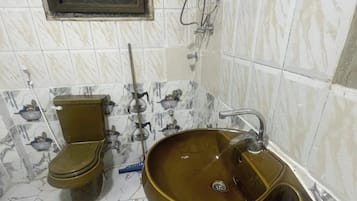 Shower, towels, soap, toilet paper