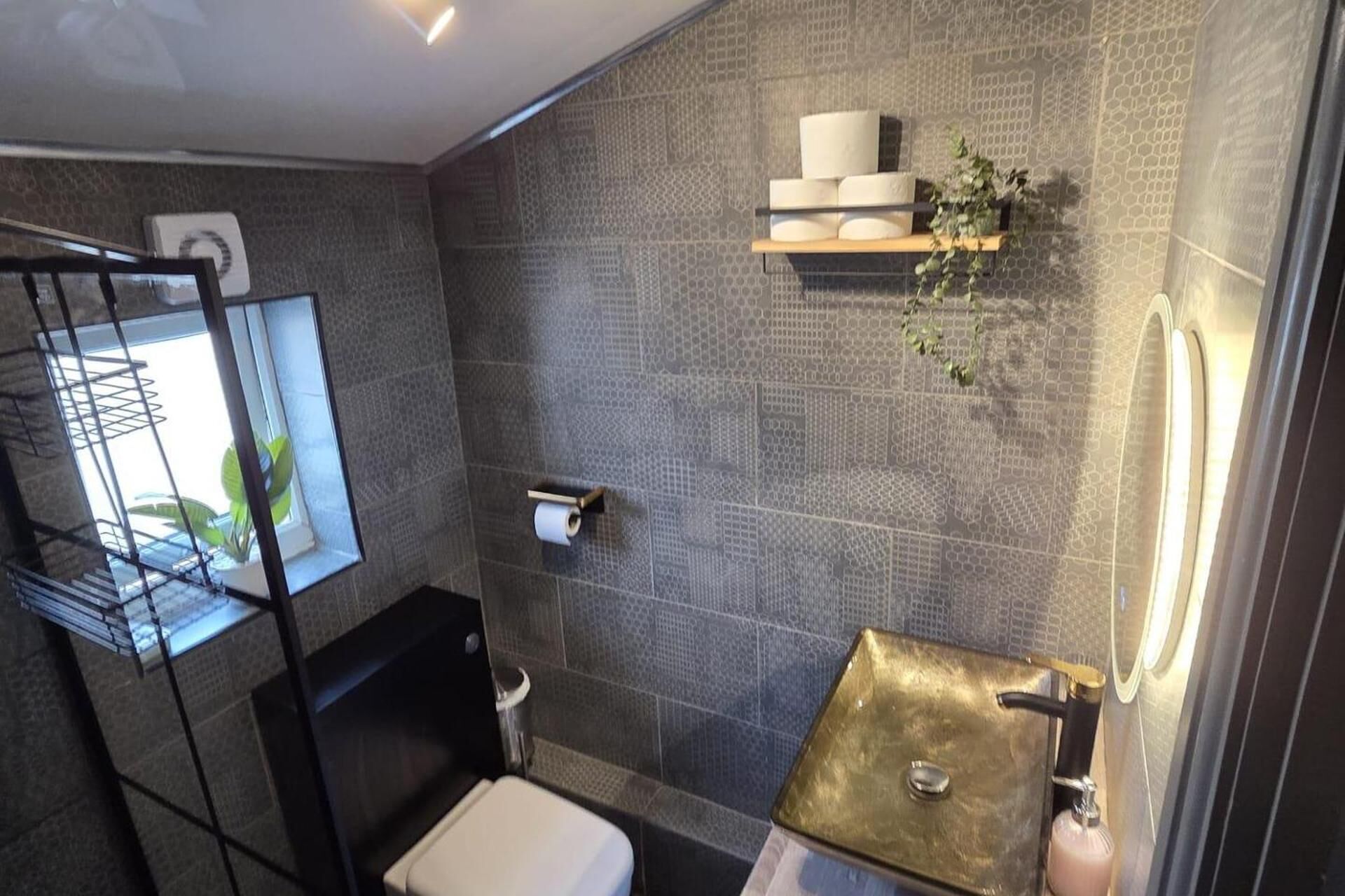 Un baño moderno con ducha, inodoro y un estante con artículos de aseo.