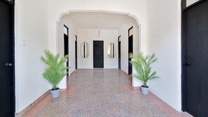 Un couloir doté d’un plancher ciré, de deux plantes en pot et d’une porte noire au fond.