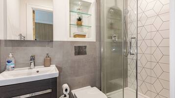 Shower, hair dryer, towels, soap