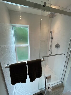 Hair dryer, towels, soap, toilet paper