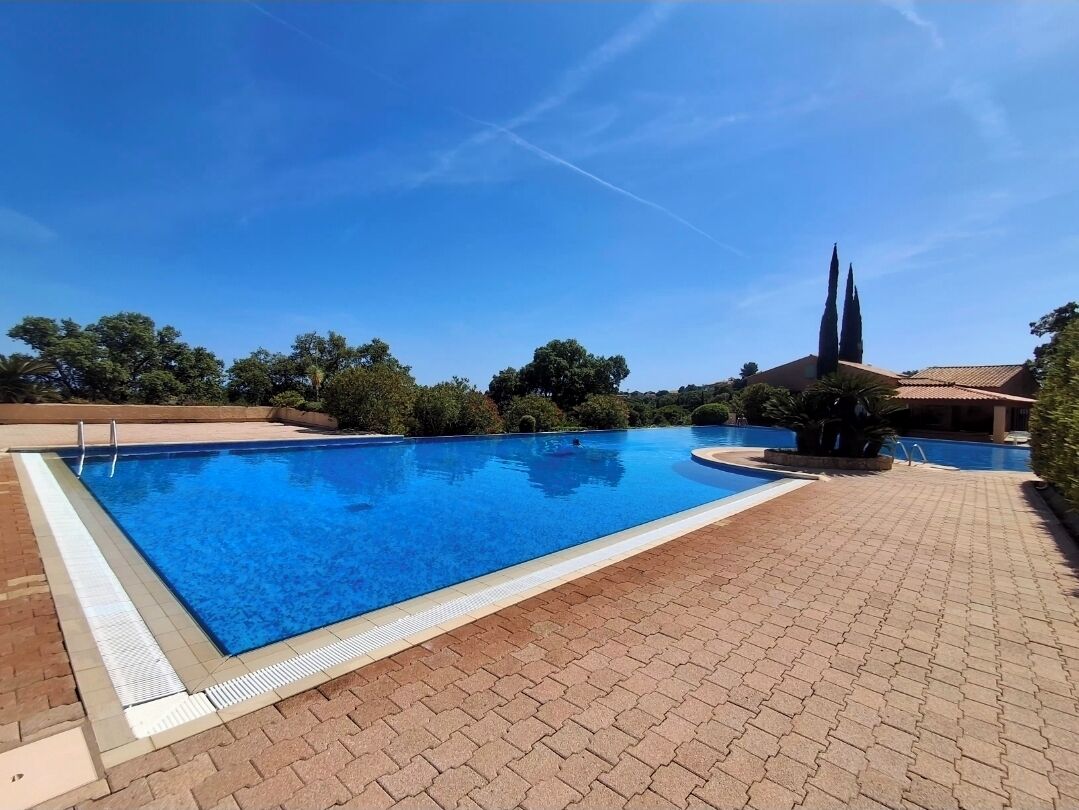 A rectangular swimming pool with a clear blue surface, surrounded by a paved walkway.