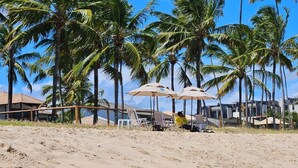 Una spiaggia con palme, sedie a sdraio e ombrelloni.