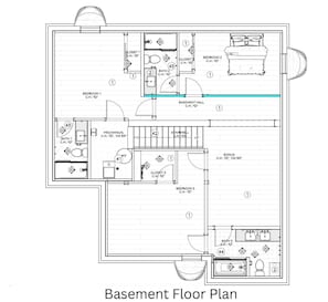 Grundriss eines Kellers mit drei Schlafzimmern, zwei Bädern, einem Technikraum, einer Treppe und einem zusätzlichen Raum.