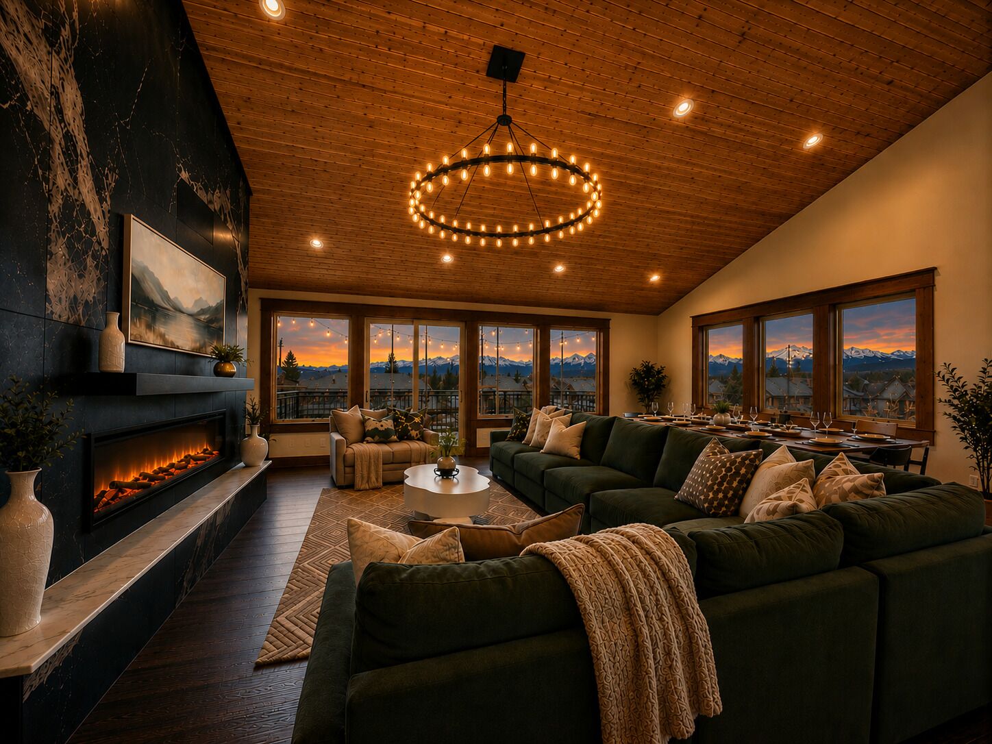 Smart TV, fireplace, books, stereo