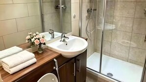 A modern bathroom with a toilet, sink, and glass-enclosed shower. - Fitzrovia 2 bedroom flat near the Britain museum (London)