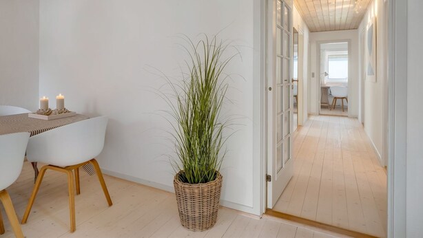 A hallway with a wooden ceiling, a potted plant, a dining area with chairs and a table, and a door leading to another room. - "Senija" - 175m from the sea by Interhome (Blokhus)