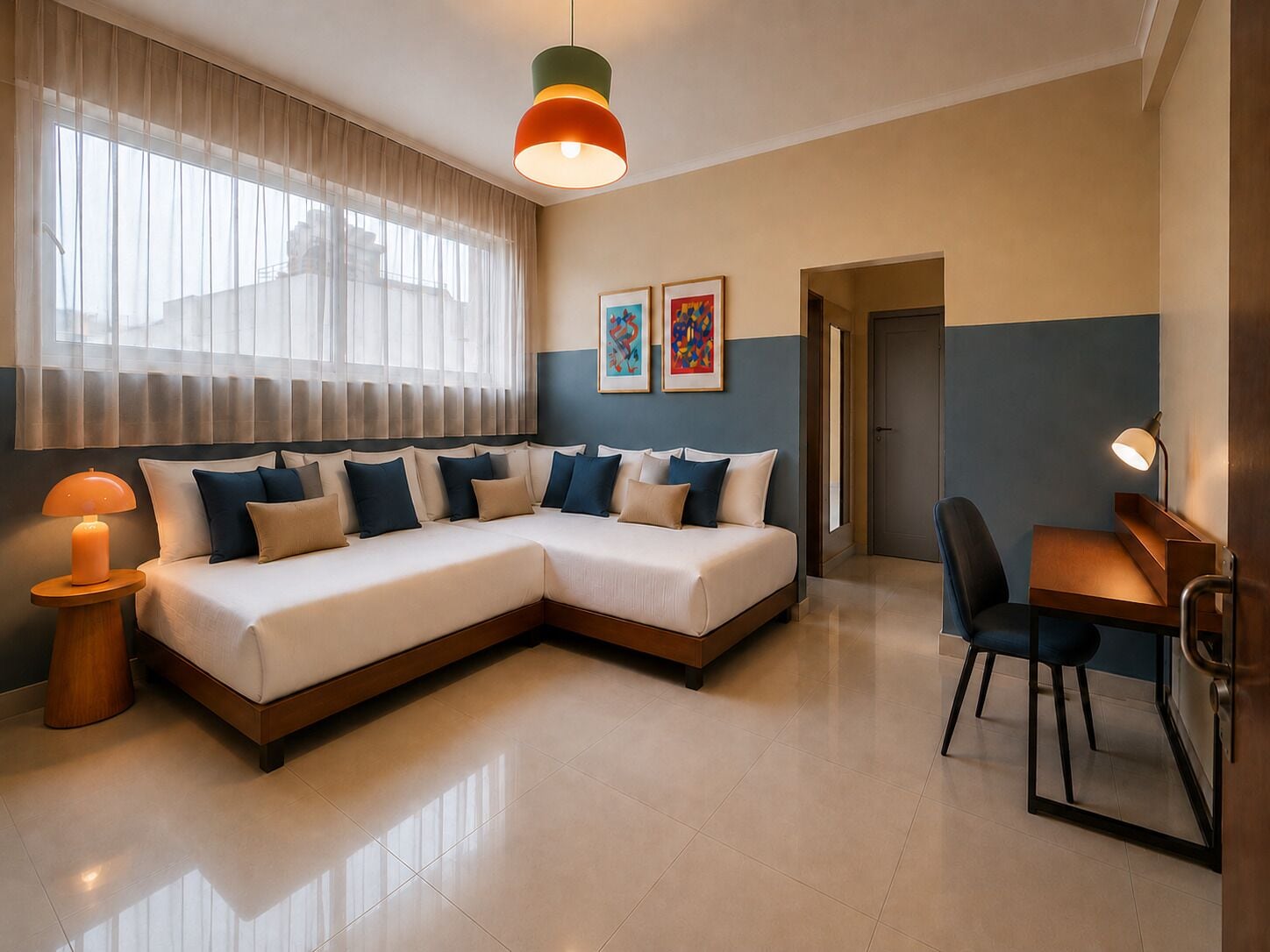 A modern hotel room with a sectional sofa, a desk with a chair, and a large window with sheer curtains.