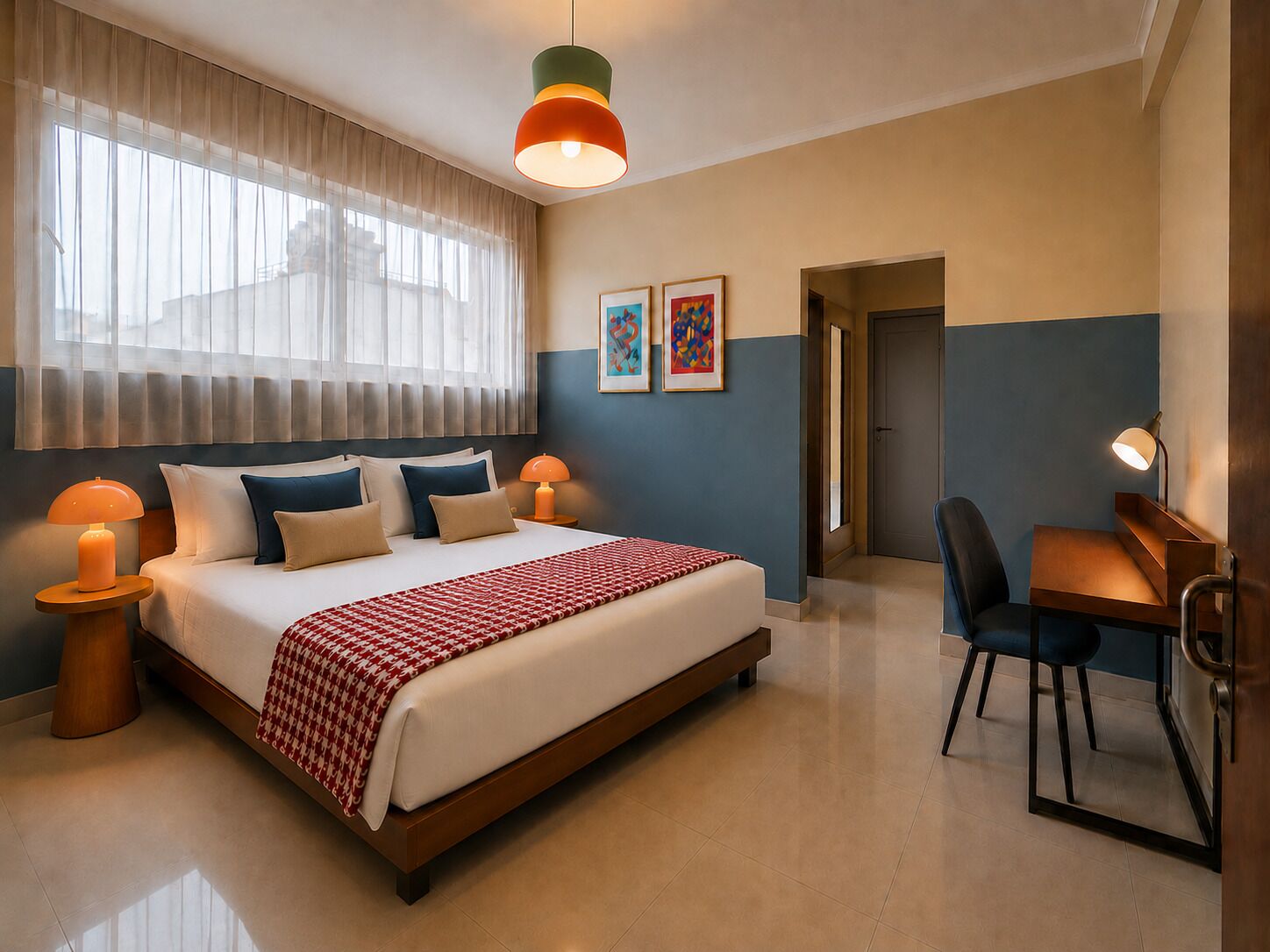 A hotel room with a bed, bedside lamps, a desk with a chair, and artwork on the wall.