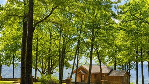 A cabin with a stone foundation, surrounded by trees and a clear view of a lake. - One Bedroom Cabin with Panoramic View at Paul's Point (Altamont)
