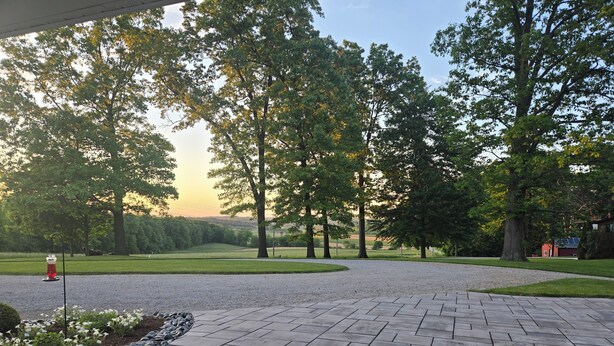A paved walkway with a gravel border, surrounded by trees and a grassy area.