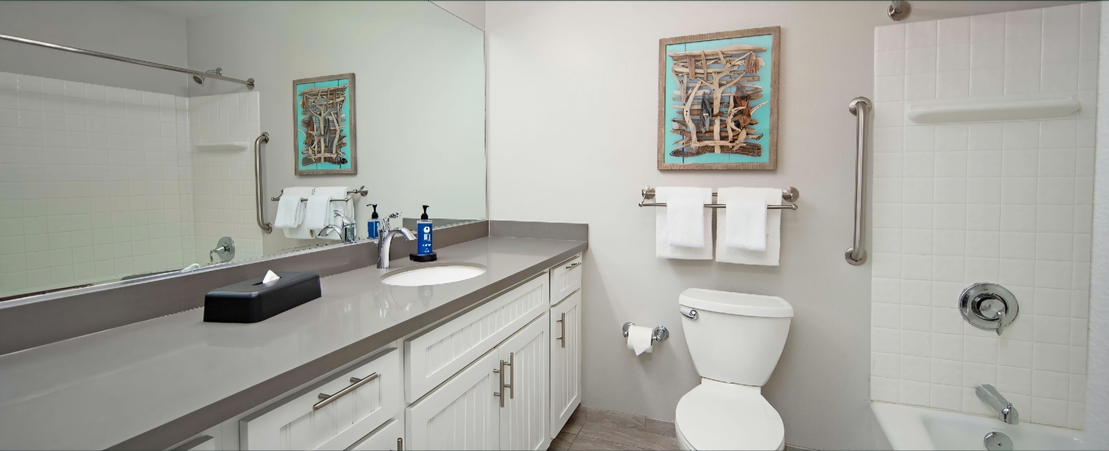 Hair dryer, towels, soap, toilet paper