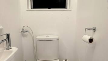Hair dryer, towels, soap, toilet paper
