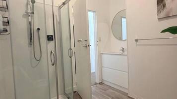 Hair dryer, towels, soap, shampoo